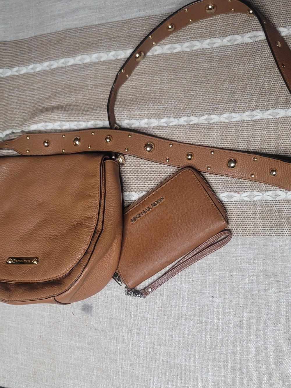 Michael Kors Tan Leather Crossbody Bag with Studded Strap